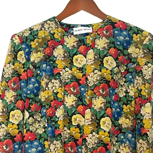 Albert Nipon VTG Womens Silk Colorful Floral Button Front Cropped Blazer Size 8 - Picture 5 of 9